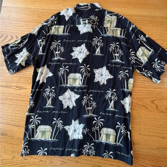 Vtg Campia Moda Hawaiian Camp Shirt Black Tropic Palm Trees Surfboard Tiki Hut L - Picture 4 of 6